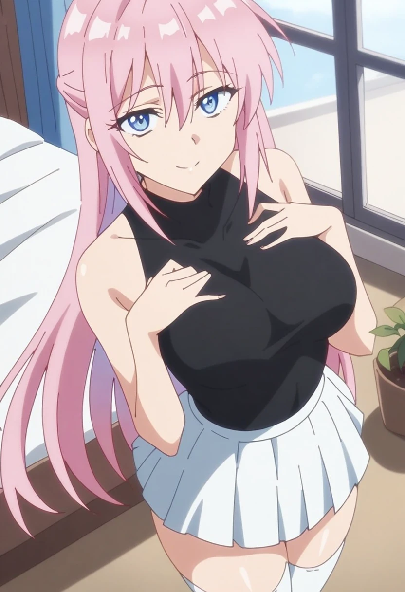 anime art style, 2d, masterpiece, best quality, very aesthetic, absurdres, dynamic shadows, atmosferic, shikimorisan, (1girl), pink hair, long hair, blue eyes, narrowed eyes, detailed eyes, hair between eyes, bangs, medium breasts, makeup, curvy body, sexy, turtleneck shirt, black shirt, white skirt, pleated skirt, white thighhighs, see-throught thighhighs, bare shoulders, bare arms, sneakers, smile, ((cowboy shot)), (((hands on own chest))), (from above), (bed), (furniture), (plants), (indoors), (window), (looking at viewer:1.0)