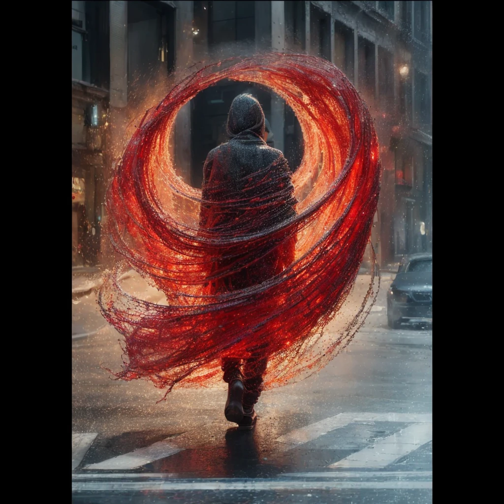 A person walks down the street wrapped in a magnetic, red aura. Photorealism, full view, highly detailed image, very realistic, hyperrealism, Ultra HD, 8k, 5, sharp focus, intricate and mysterious masterpiece.(Long exposure photography Very detailed close-up portrait artistic illustration: final quality, medium shot, backlight, Rich and striking. Enigmatic and mysterious manipulations (composition of the rule of thirds), ((detailed environment with strong lines) The best quality, in camera, white light, warm and clean aesthetics, dazzling screen composed of millions of brilliant ultraviolet rays, HDR.
