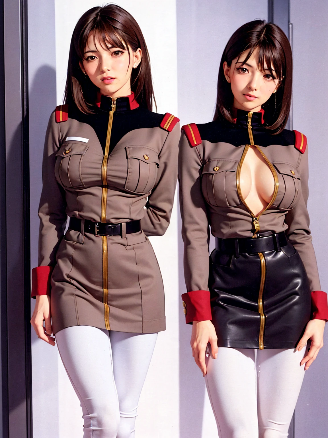 solo, 1 girl, military uniform, (very short miniskirt), (thigh gap), (bared skinny long legs:1.5), large breasts, nose blush, (nsfw:0.4), (orgasm), pussy juice dripping down on thighs