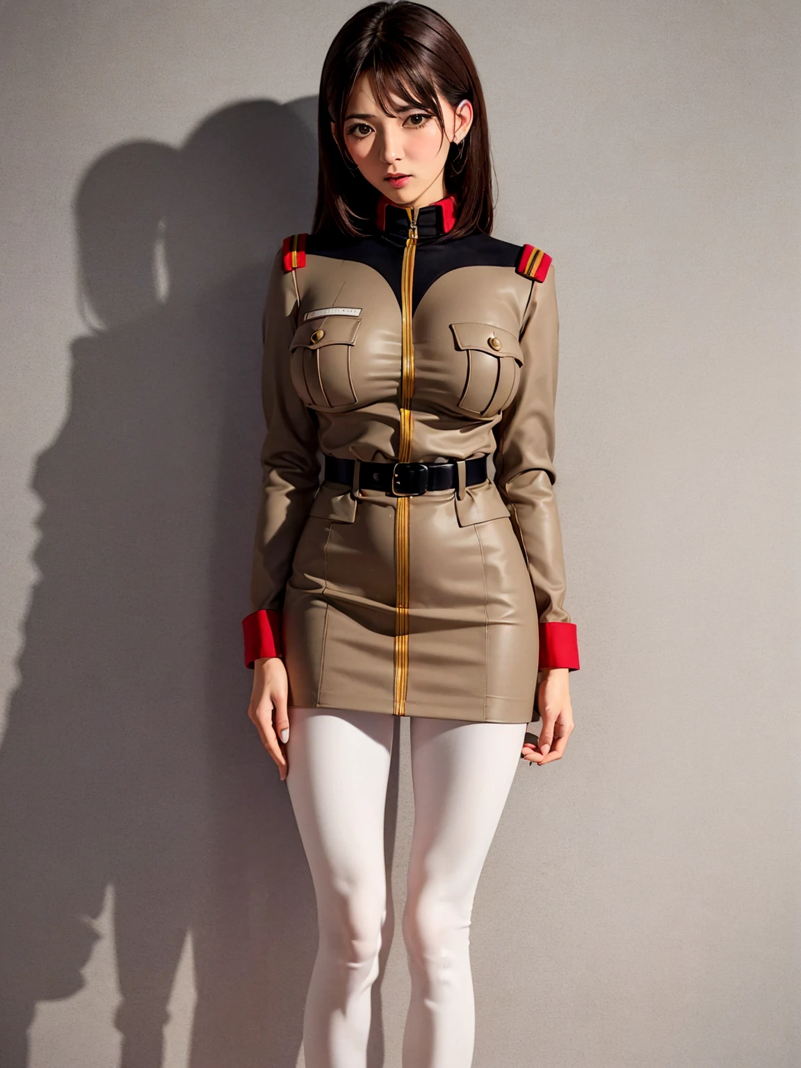 solo, 1 girl, military uniform, (very short miniskirt), (thigh gap), (bared skinny long legs:1.5), large breasts, nose blush, (nsfw:0.4), (orgasm), pussy juice dripping down on thighs