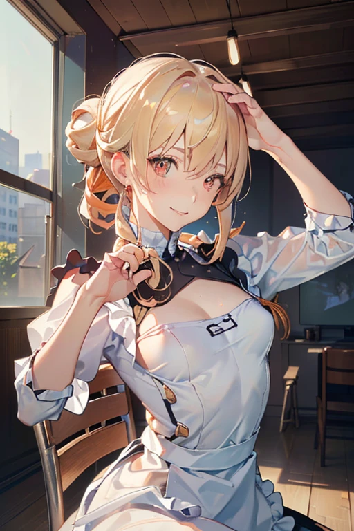 (A masterpiece of image quality in 8K),(from below:1.2),(Beautiful Allafed Woman),(((emphasizing breasts:1.0))),(Dynamic angles),(Dynamic and sexy bending pose:1.3),(sit a chair:1.3),(Short hair in shiny silver and orange inner colors,(perky chest:1.1), (pointed chest:1.3),small full breasts,Disturbance of clothing due to movement,breast slip,(Ponytail twisted buns adorned with elaborate braids and beads,Braided Setup Fishbone Hair,),(see-through bangs),small breasts、(((A white lace apron that shows your bare skin from under your small breasts)))、Blush with embarrassment、Enraptured eyes、A smile that beguiles the viewer、(Look back:1.2)、Look into the photographer,skin glistening with sweat,gazing at viewer,,(Professional Lighting),(8K,masutepiece,top-quality,Ultra-high resolution output image,),(Ultra HD with complex detail image modes),depth of fields,Beautiful hands,Beautiful fingers,Detailed finger features,(Detailed hair features:1.7),detailed facial features,detailed clothes features,