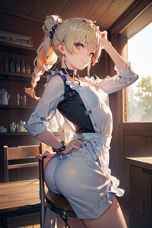 (A masterpiece of image quality in 8K),(from below:1.2),(Beautiful Allafed Woman),(((emphasizing breasts:1.0))),(Dynamic angles),(Dynamic and sexy bending pose:1.3),(sit a chair:1.3),(Short hair in shiny silver and orange inner colors,(perky chest:1.1), (pointed chest:1.3),small full breasts,Disturbance of clothing due to movement,breast slip,(Ponytail twisted buns adorned with elaborate braids and beads,Braided Setup Fishbone Hair,),(see-through bangs),small breasts、(((A white lace apron that shows your bare skin from under your small breasts)))、Blush with embarrassment、Enraptured eyes、A smile that beguiles the viewer、(Look back:1.2)、Look into the photographer,skin glistening with sweat,gazing at viewer,,(Professional Lighting),(8K,masutepiece,top-quality,Ultra-high resolution output image,),(Ultra HD with complex detail image modes),depth of fields,Beautiful hands,Beautiful fingers,Detailed finger features,(Detailed hair features:1.7),detailed facial features,detailed clothes features,