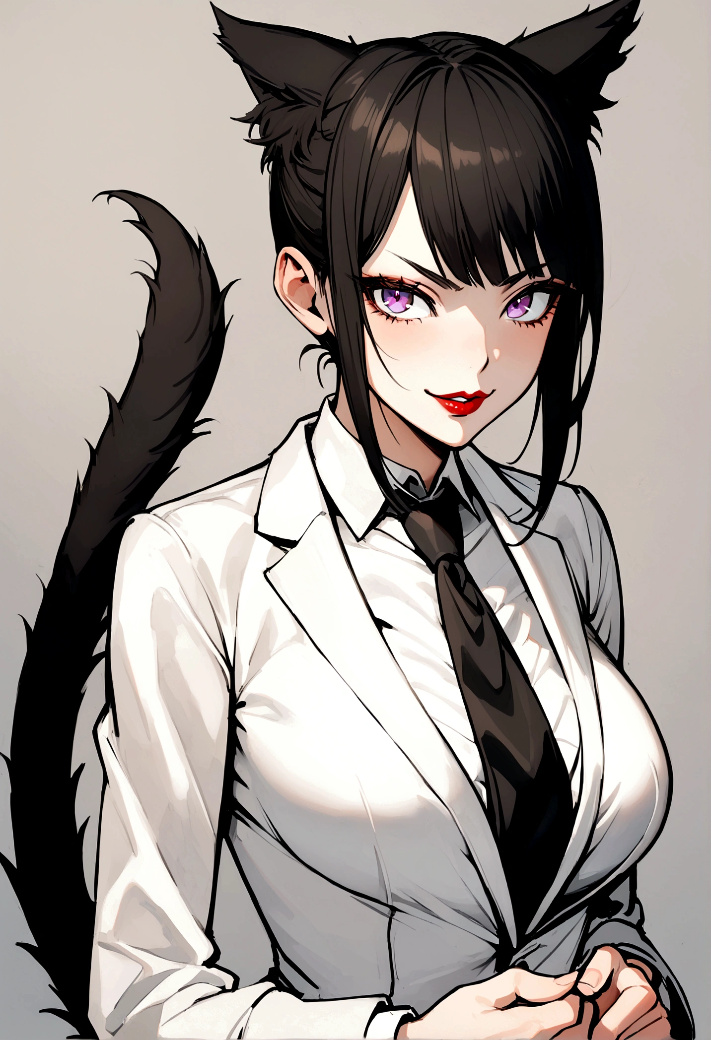 Beautiful girl, shorth hair, wearing a formal suit, necktie, large breasted, sensuous, lipstick, smilling face, gorgeous eyes, Bblack hair, Clean and combed hair, rot (x) Behind her, Combat posture,x, orelhas de catboy, catboy collar, catboy tail, catboy,meow, whole body,Draw your hands better