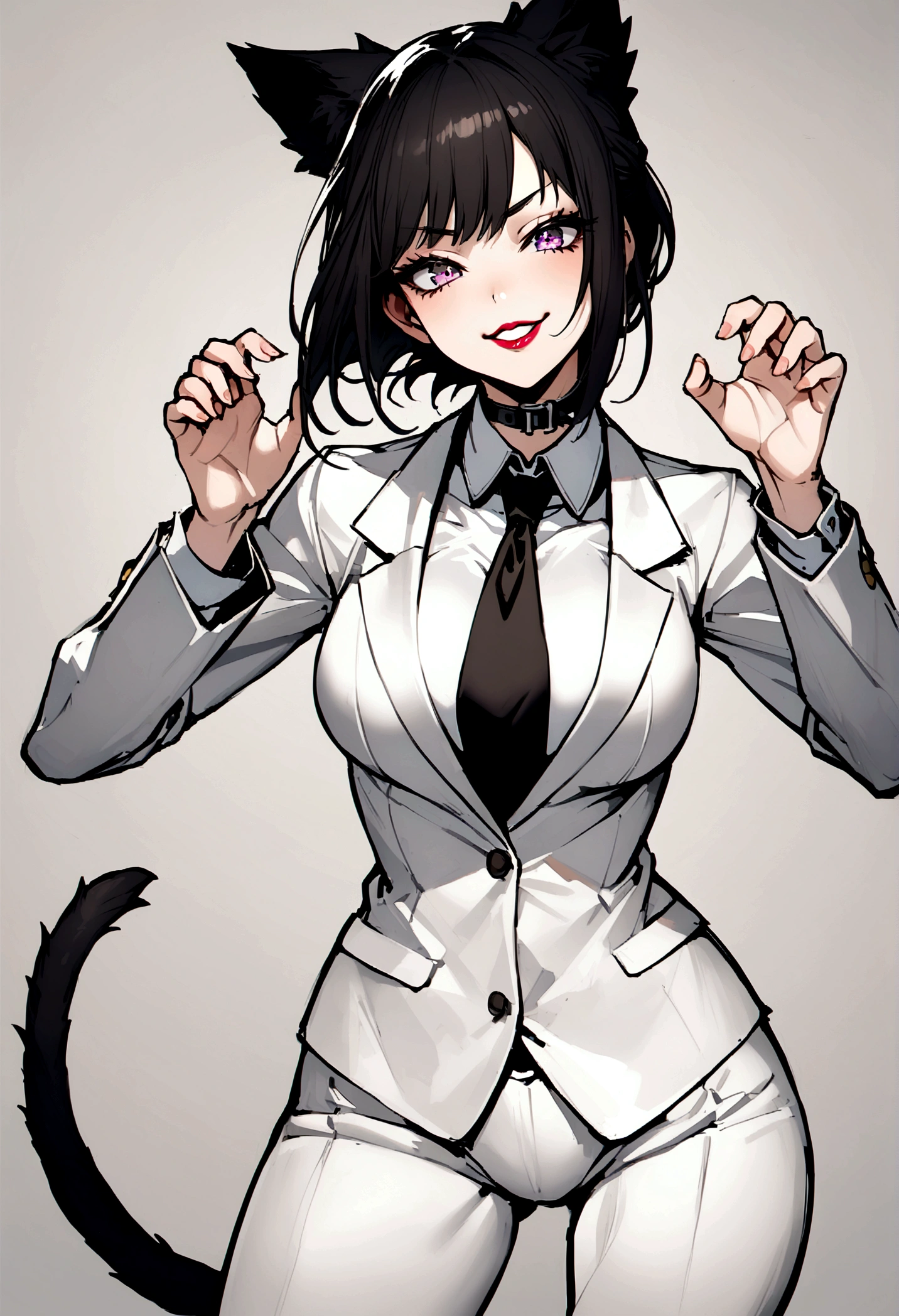 Beautiful girl, shorth hair, wearing a formal suit, necktie, large breasted, sensuous, lipstick, smilling face, gorgeous eyes, Bblack hair, Clean and combed hair, rot (x) Behind her, Combat posture,x, orelhas de catboy, catboy collar, catboy tail, catboy,meow, whole body,Draw your hands better