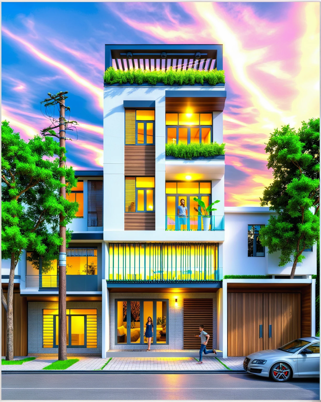 Masterpiece, high quality, best quality, authentic, super detail, outdoors, house style modern, bietthuhn, white wall, glass windows, gate road, pavement, grass, trees, Beautiful_sky, SUNSET, (day:1.1), realistic lighting