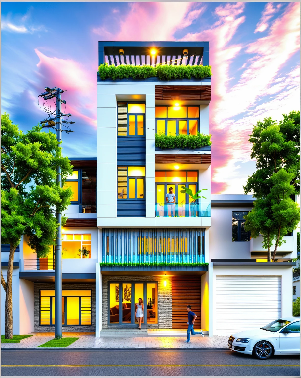 Masterpiece, high quality, best quality, authentic, super detail, outdoors, house style modern, bietthuhn, white wall, glass windows, gate road, pavement, grass, trees, Beautiful_sky, SUNSET, (day:1.1), realistic lighting