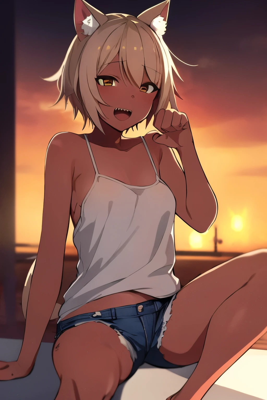 ((masterpiece)), (anime:1.3), ((Highest quality)), (RAW Photos:1.2), (Professional photography:1.3), (High resolution), (), 8K, Cinema Lighting, Disheveled Hair, (Exposed small breasts), Denim hot pants,(Pure white glossy hair),(Short hair with outward curls:1.3) ,(Healthy dark skin),A badly tattered and torn camisole, (Dirty oversized white camisole), Slim and small breasts, (PAW Pose),(Double teeth), (Open your mouth), Textured skin, Cat ear,Fluffy dog tail ,Light brown hair, Cute beautiful girl, break, ((Highest quality)), (Sitting at the end of an old pier), Slums,