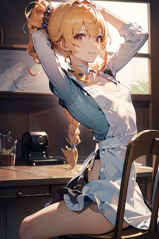 (A masterpiece of image quality in 8K),(from below:1.2),(Beautiful Allafed Woman),(((emphasizing breasts:1.0))),(Dynamic angles),(Dynamic and sexy bending pose:1.3),(sit a chair:1.3),(Short hair in shiny silver and orange inner colors,(perky chest:1.1), (pointed chest:1.3),small full breasts,Disturbance of clothing due to movement,breast slip,(Ponytail twisted buns adorned with elaborate braids and beads,Braided Setup Fishbone Hair,),(see-through bangs),small breasts、(((A white lace apron that shows your bare skin from under your small breasts)))、Blush with embarrassment、Enraptured eyes、A smile that beguiles the viewer、(Look back:1.2)、Look into the photographer,skin glistening with sweat,gazing at viewer,,(Professional Lighting),(8K,masutepiece,top-quality,Ultra-high resolution output image,),(Ultra HD with complex detail image modes),depth of fields,Beautiful hands,Beautiful fingers,Detailed finger features,(Detailed hair features:1.7),detailed facial features,detailed clothes features,