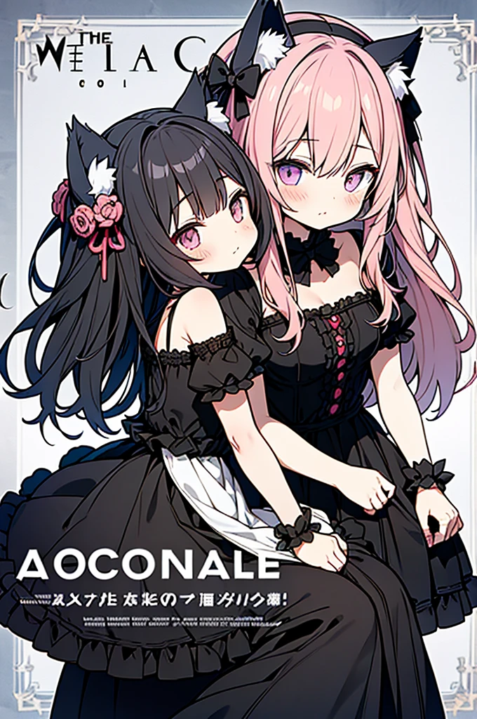 anime style,(((Occult magazine cover style))),book title is "END OF THE WORLD",2people looks like 2girls,
1of2=cute shota with cat ears angel, long pink hair, angel ring, angel wings, white frilly dress,
///
2of2=cute shota with wolf ears fenrir, looks like a girl, long black hair, wolf tail, black frilly dress, gothic skirt,