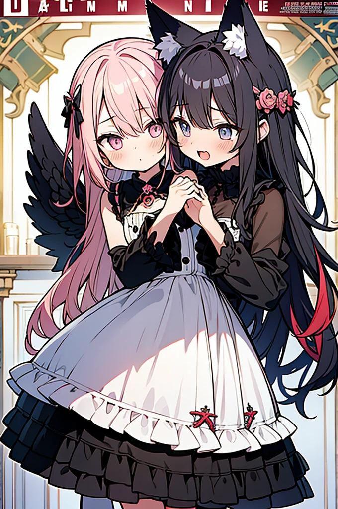 anime style,(((Occult magazine cover style))),book title is "END OF THE WORLD",2people looks like 2girls,
1of2=cute shota with cat ears angel, long pink hair, angel ring, angel wings, white frilly dress,
///
2of2=cute shota with wolf ears fenrir, looks like a girl, long black hair, wolf tail, black frilly dress, gothic skirt,