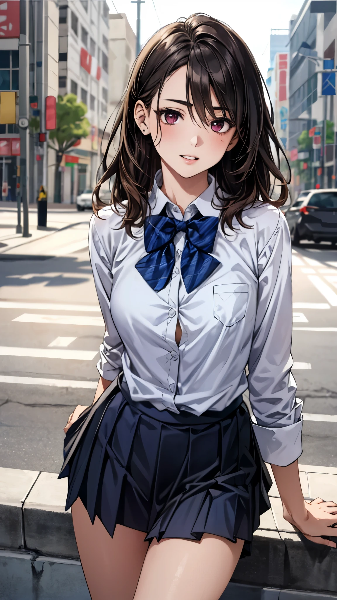 (masterpiece:1.3, top-quality, ultra high res, ultra detailed), (realistic, photorealistic:1.4), beautiful illustration, perfect lighting, natural lighting, colorful, depth of fields, surrealism, 
beautiful detailed hair, beautiful detailed face, beautiful detailed eyes, beautiful clavicle, beautiful body, beautiful chest, beautiful thigh, beautiful legs, beautiful fingers, shiny skin, 
looking at viewer, 1 girl, japanese, high school girl, (perfect anatomy, anatomically correct, super detailed skin), cute and symmetrical face, babyface, perfect face, perfect eyes, 
(middle hair, one side up, sideburns, light brown hair), hair between eyes, maroon eyes, big eyes, long eyelashes, (medium breasts, seductive thighs), slender, outstanding style, 
((detailed cloth texture, break,break, white collared shirt, break,break, light brown knit vest, break,break, navy pleated skirt, break,break, blue bow tie), break,break, white socks, black loafer), 
(beautiful scenery), evening, (downtown), standing, leaning forward, (arms behind back), (lovely smile, parted lips),