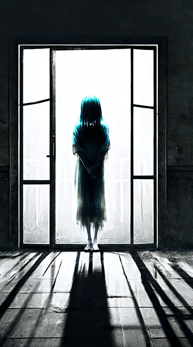 Sadako, inside a liminal space of nightmares in a dark warehouse, dynamic lighting, photorealistic, trending on art station, stunning visuals, foggy, creative, cinematic, ultra detailed, atmospherical, ambient lighting, scary art, bad quality, heavy film grain, desaturated, orange teal hue