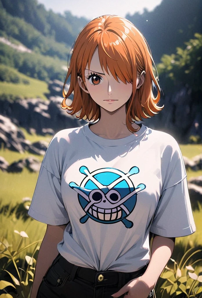 masterpiece, best quality), intricate details, 1 girl, woman, orange hair, nami \ (one piece\), (short hair) (side bangs) shirt, ((white shirt, black pant, black court)) female focus, nature, scenery, upper body, ((front view)) ((close up shot)) ((solo)) ((hair over one eyes)) detailed, very high resolution, no blurry image, full body, orange eyes, sligh wavy hair, ((nami from one piece)) ((female nami from one piece)) ((front view))