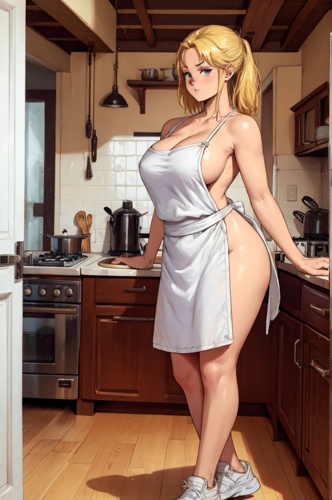 kitchen, erotic, porn, hentai, sexy thick and muscle blonde girl, white kitchen apron on a naked female body, nude girl