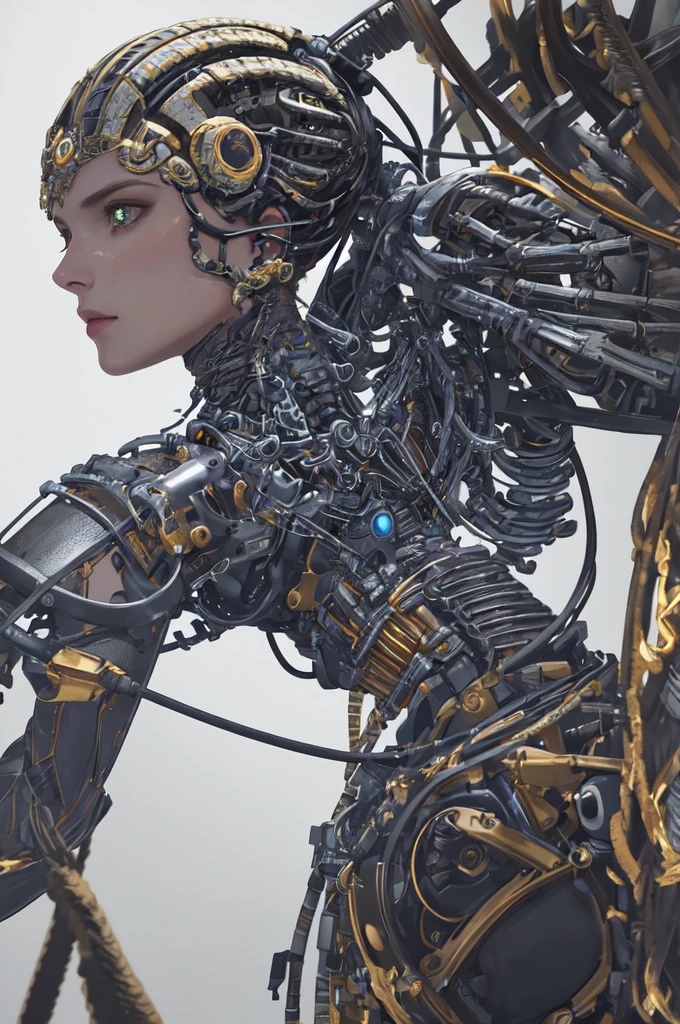 1mechanical girl,((ultra realistic details)), portrait, global illumination, shadows, octane render, 8k, ultra sharp,metal,intricate, ornaments detailed, cold colors, egypician detail, highly intricate details, realistic light, trending on cgsociety, glowing eyes, facing camera, neon details, machanical limbs,blood vessels connected to tubes,mechanical vertebra attaching to back,mechanical cervial attaching to neck,sitting,wires and cables connecting to head