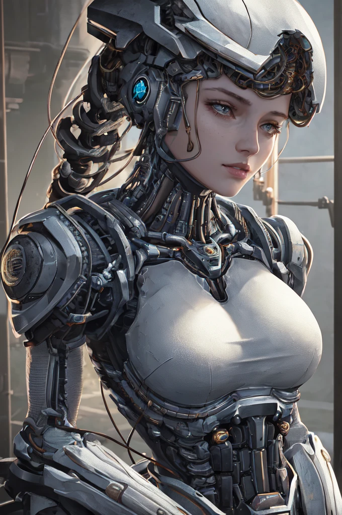 1mechanical girl,((ultra realistic details)), portrait, global illumination, shadows, octane render, 8k, ultra sharp,metal,intricate, ornaments detailed, cold colors, egypician detail, highly intricate details, realistic light, trending on cgsociety, glowing eyes, facing camera, neon details, machanical limbs,blood vessels connected to tubes,mechanical vertebra attaching to back,mechanical cervial attaching to neck,sitting,wires and cables connecting to head