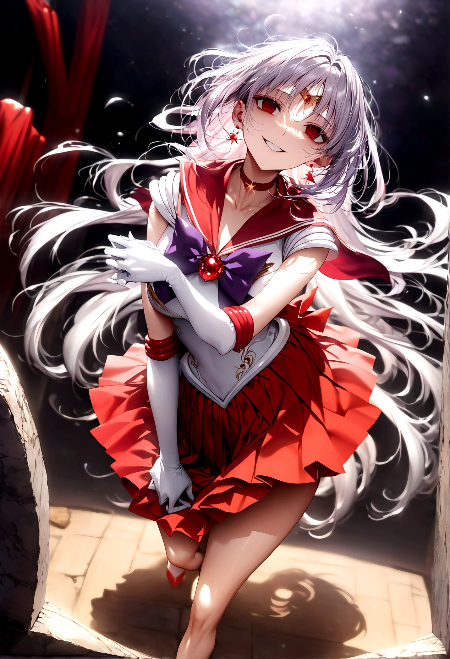 (masterpiece, Highest quality, so beautiful, Super detailed), Intricate details, 12k, Honestly, red eyes, Raamars, long hair, black hair, tiara, earrings, red choker, red sailor collar, purple bowtie, white shirt, elbow gloves, white gloves, pleated skirt, red skirt, bare legsAre standing, (full body:1.4),,(evil smile:1.2), 1girl,(Silver Hair:1.4),(empty eyes,:1.4),from below,looking dawn,dark aura,View your viewers