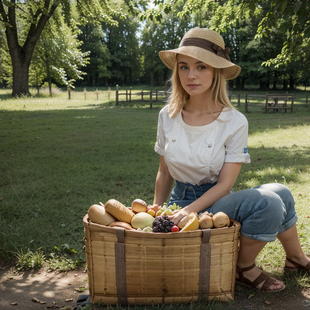 belle blonde assise sur une couverture à carreaux dans un parc, (entourée de paniers de pique-nique et de nourriture fraîche, portant une tenue estivale et un chapeau de paille.), très détaillé, 21 ans, visage innocent, Cheveux ondulés naturels, yeux bleus, Haute résolution, chef-d'œuvre, Meilleure qualité, détails complexes, Très détaillé, Netteté, Peau détaillée, Réaliste skin texture, texture, Yeux détaillés, professionnel, 4k, sourire charmant, tourné avec Canon, 85mm, faible profondeur de champ, Couleur de vision Kodak, corps parfaitement ajusté, extrêmement détaillé, Photo_\(ultra\), photoRéaliste, Réaliste, Post-traitement, Détails maximaux, rugosité, vrai vie, ultra Réaliste, photoréalisme, la photographie, 8k euh, la photographie