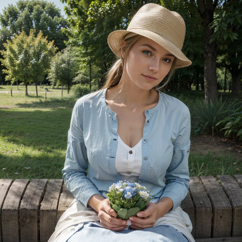 belle blonde assise sur une couverture à carreaux dans un parc, (entourée de paniers de pique-nique et de nourriture fraîche, portant une tenue estivale et un chapeau de paille.), très détaillé, 21 ans, visage innocent, Cheveux ondulés naturels, yeux bleus, Haute résolution, chef-d'œuvre, Meilleure qualité, détails complexes, Très détaillé, Netteté, Peau détaillée, Réaliste skin texture, texture, Yeux détaillés, professionnel, 4k, sourire charmant, tourné avec Canon, 85mm, faible profondeur de champ, Couleur de vision Kodak, corps parfaitement ajusté, extrêmement détaillé, Photo_\(ultra\), photoRéaliste, Réaliste, Post-traitement, Détails maximaux, rugosité, vrai vie, ultra Réaliste, photoréalisme, la photographie, 8k euh, la photographie