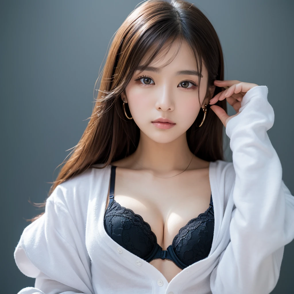 (Highest quality、Tabletop、8K、Best image quality)、Beautiful woman、Age 35、Perfect Anatomy、Super high resolution beautiful eyes、(The perfect long sleeve t-shirt:1.3)、 (She lifted up her long-sleeved shirt、Bra exposed:1.5)、(Black bra:1.2)、Cleavage、(The simplest solid color background:1.3)、(Brightest and most radiant skin:1.1)、The brightest and shiniest hair、(Very bright:1.1)、Perfect Makeup、Face close-up、(cold, Expressionless:1.1)、(Danmitsu:1.2)