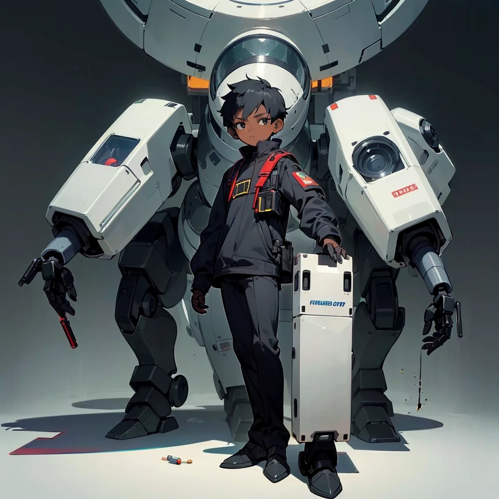 (1Little boy, full body version, African Babies), (black skin, large nose, black eyes, black colored hair), ((1little boy, 1robot, full body robot)), (sophisticated, has a shooting gun, laser), (Grassroots background)