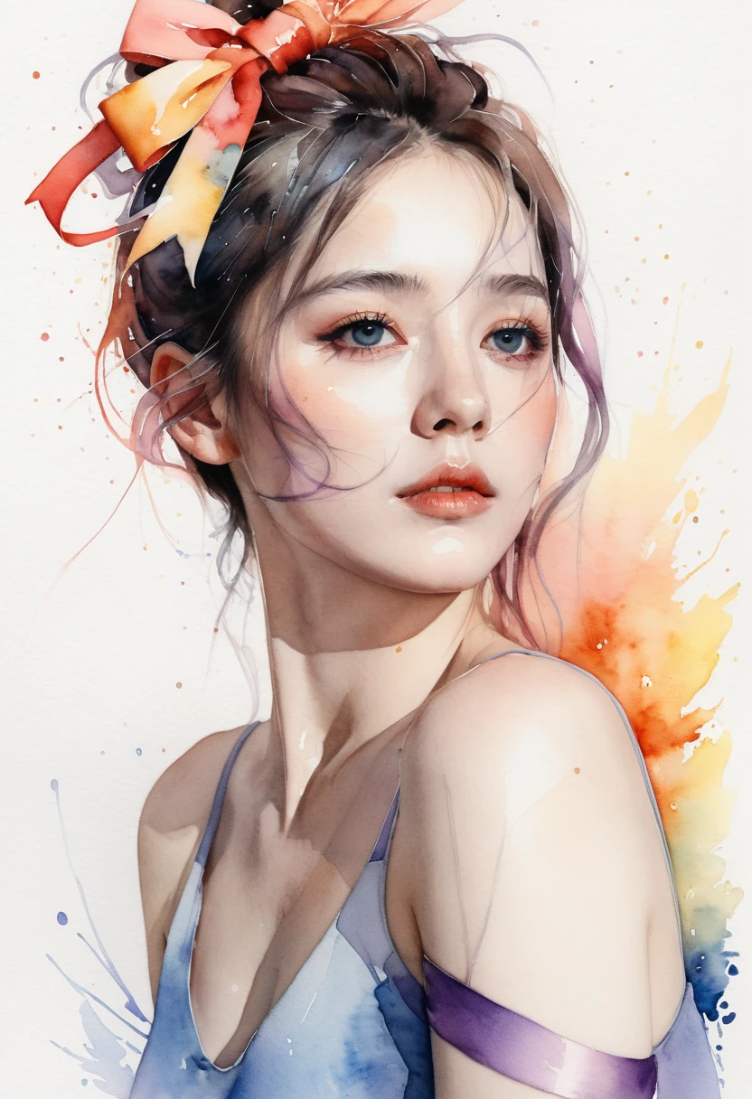 (8k, best quality, masterpiece:1.2),(best quality:1.0), (ultra highres:1.0), watercolor, a beautiful woman, shoulder, hair ribbons, by agnes cecile, half body portrait, extremely luminous bright design, pastel colors, (ink:1.3), autumn lights,