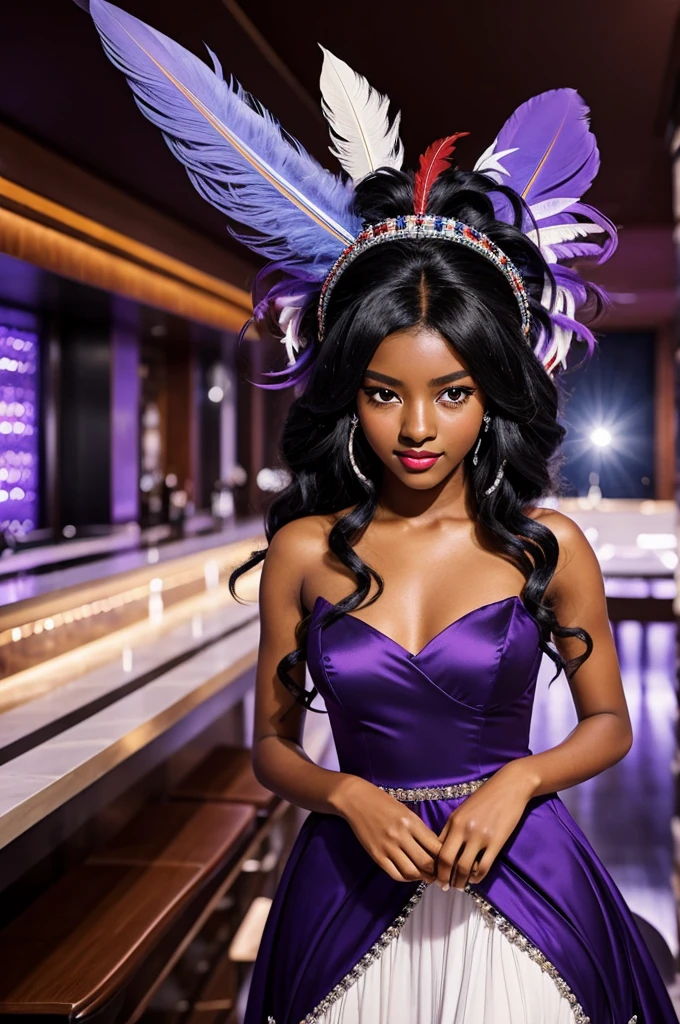 Boku no hero academia style A -yeld wo with tanned dark skin and long, floor-length curly black hair slanted purple eyes and red lips Dressed in an elegant white dress full of precious stones and diamonds with a blue feather headdress In a bar singing with a microphone in hand, joy and a seductive look