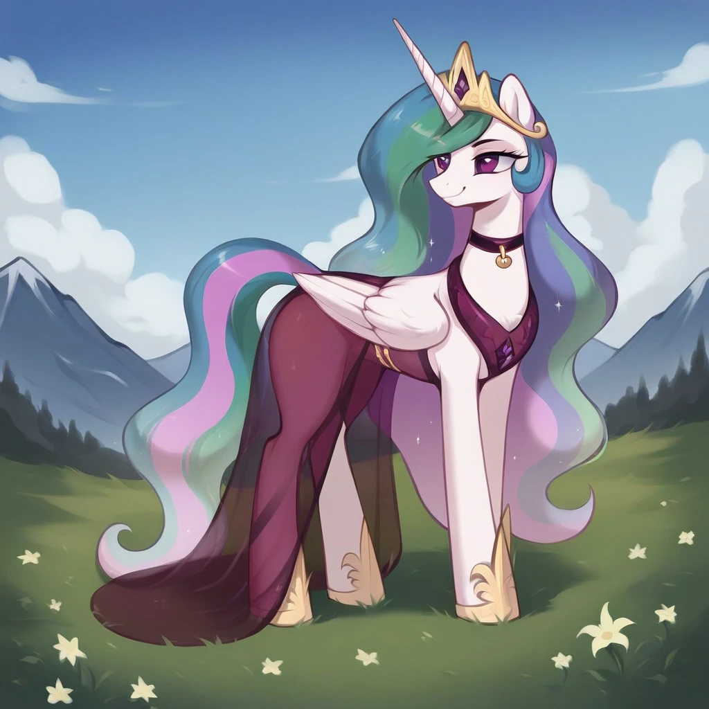 score_9, score_8_up, score_7_up, score_6_up, score_5_up, score_4_up, rating_explicit, outdoors, purple (see through pink dress and neck choker), solo, feral pony, princess  celestia, evil smile, closed mouth,BREAK mountain, day, sky, flower, mountainous horizon, blue sky, grass 