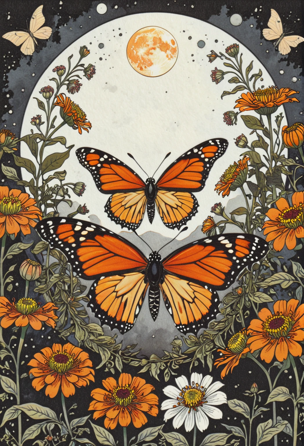 symmetric, balanced, monarch butterfly at the center of the moon surrounded by a frame of zinnia flowers, dark amber and gray colors, ephemeral patterns, witchcore aesthetics, cloisonnism, eleanor vere boyle, Ivan Bilibin Style page, lks73zb1, Inkdrawing, by Kr355e