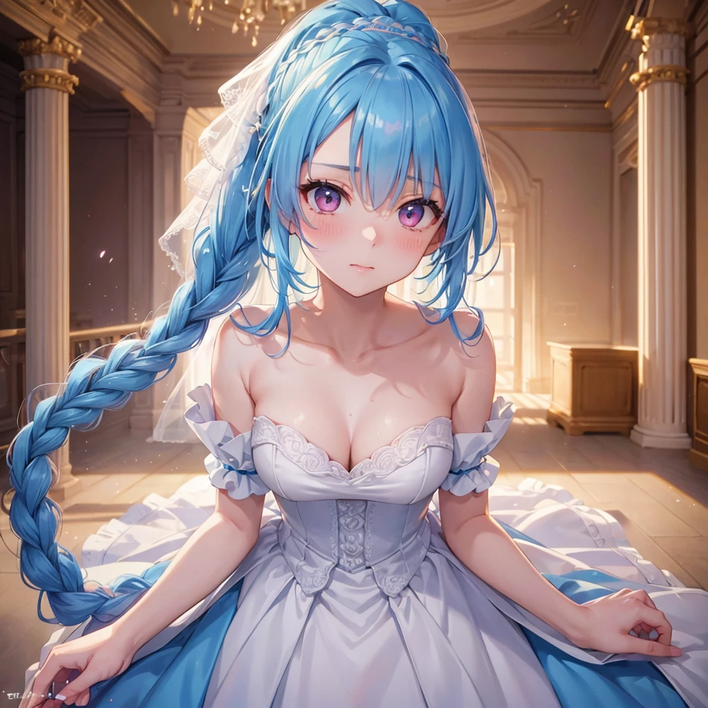 Sky blue hair, (Braided Ponytail),(Pink Eyes),Fair skin ,(whole body),(1 Girl),bride,blush,Straight bangs, 6月のbride,Wedding dress,(masterpiece, Highest quality, Super detailed, Best Shadow), (Detailed Background), (Beautifully detailed face), High Contrast, (Best lighting, Very delicate and beautiful), ((Cinematic Light)), colorful, Hyper Detail, Dramatic Light, Intricate details,Wedding hall,