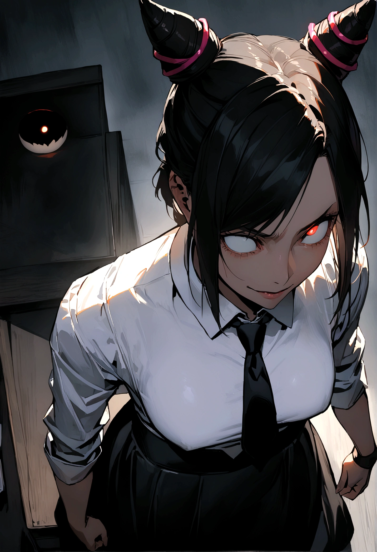 Juri Han, artwork, tight white secretary shirt with black tie, black high-waist skirt, skirt short,sock, Bblack hair, scary black sun,DESK,bangs on the eyes,lighting,hair horn,from above view,staring overhead,evil smile