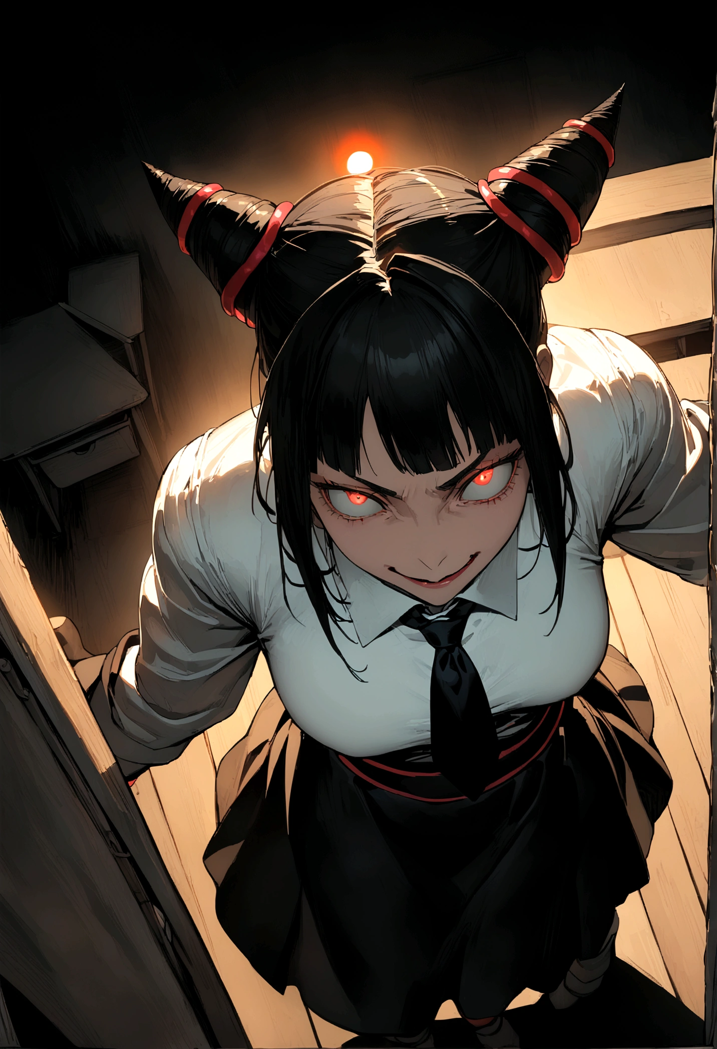 Juri Han, artwork, tight white secretary shirt with black tie, black high-waist skirt, skirt short,sock, Bblack hair, scary black sun,DESK,bangs on the eyes,lighting,hair horn,from above view,staring overhead,evil smile
