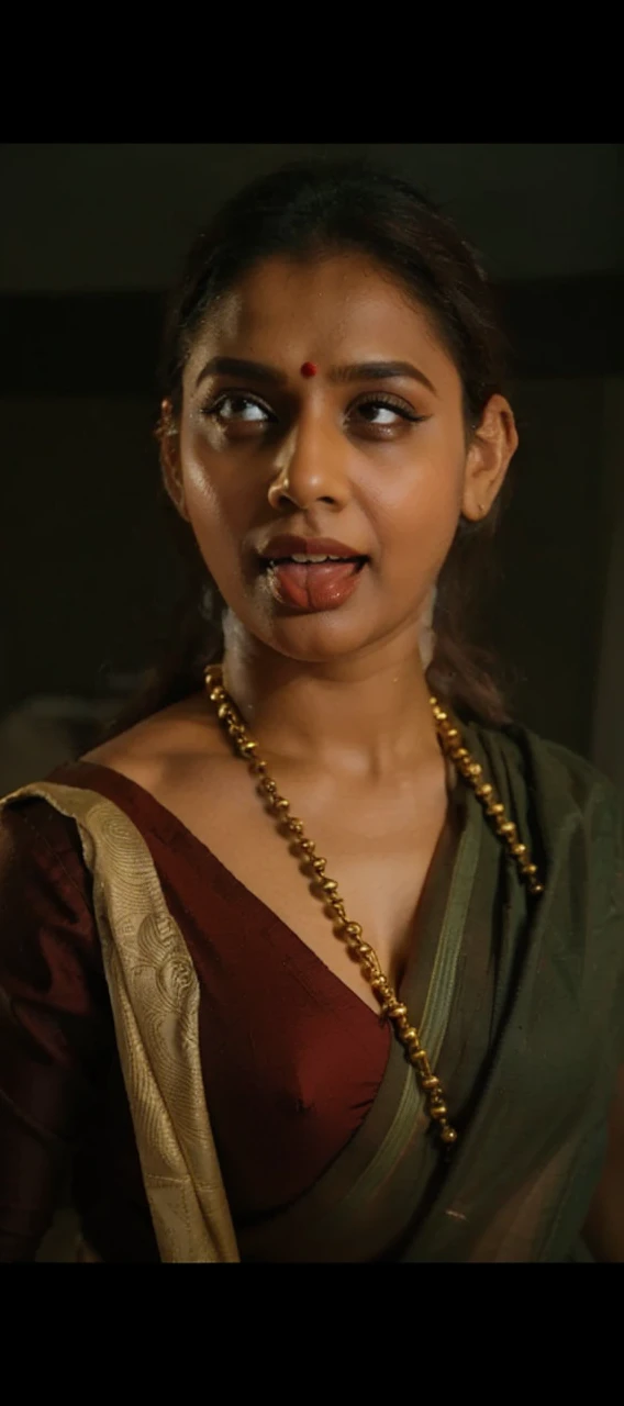 A hindu devi yakshini, a hot body, big breast, thick thighs, wearing saree with blouse and bikini, golden jewelry, doing poses standing, in bedroom, and with horny face.