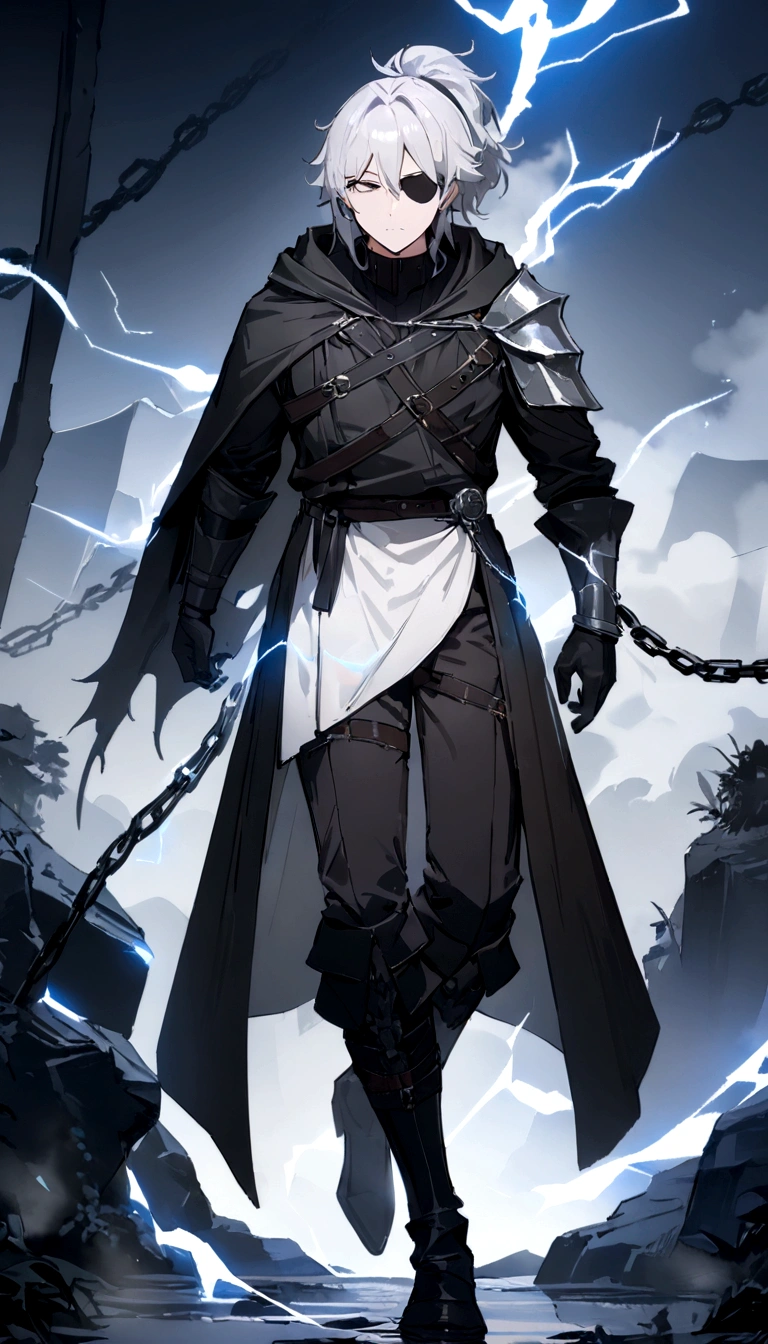 Anime character. A man, he was medieval. 27 years old, large body, cold gaze, cold expression, white skin, short and messy gray hair, ponytail, left eye patch, black clothes, black shirt, dark cape with hood, several chains. frontal camera. Walking under the red moonlight. White electricity emanating from his body, black electricity emanating from his left hand. Iris of the right eye glowing white. Thunderous white lightning. (best quality, 4k, 8k, high resolution, masterpiece: 1.2)
