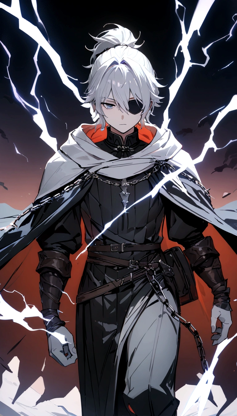 Anime character. A man, he was medieval. 27 years old, large body, cold gaze, cold expression, white skin, short and messy gray hair, ponytail, left eye patch, black clothes, black shirt, dark cape with hood, several chains. frontal camera. Walking under the red moonlight. White electricity emanating from his body, black electricity emanating from his left hand. Iris of the right eye glowing white. Thunderous white lightning. (best quality, 4k, 8k, high resolution, masterpiece: 1.2)