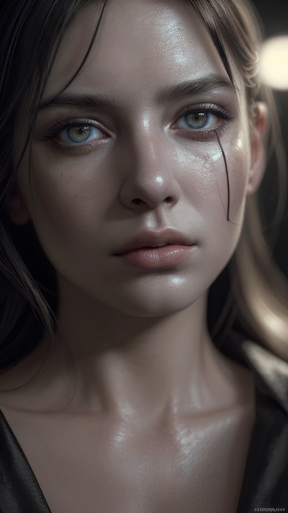 A detailed, realistic portrait of a beautiful woman, (best quality,4k,8k,highres,masterpiece:1.2),ultra-detailed,(realistic,photorealistic,photo-realistic:1.37),extremely detailed eyes and face,longeyelashes,beautiful detailed lips,portrait,dark moody lighting,cinematic,dramatic,chiaroscuro,moody,low key,dramatic shadows,hyper detailed,intricate details,high contrast,photorealistic painting,oil painting,detailed facial features,dramatic lighting,realistic skin texture,cinematic lighting,dramatic pose,cinematic composition