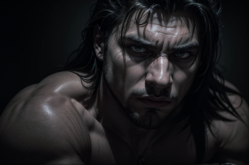 lobo solitario, lone wolf, dark fantasy, dramatic lighting, cinematic, chiaroscuro, dramatic pose, moody atmosphere, sharp focus, detailed facial features, intense gaze, textured fur, powerful muscles, (best quality,4k,8k,highres,masterpiece:1.2),ultra-detailed,(realistic,photorealistic,photo-realistic:1.37)