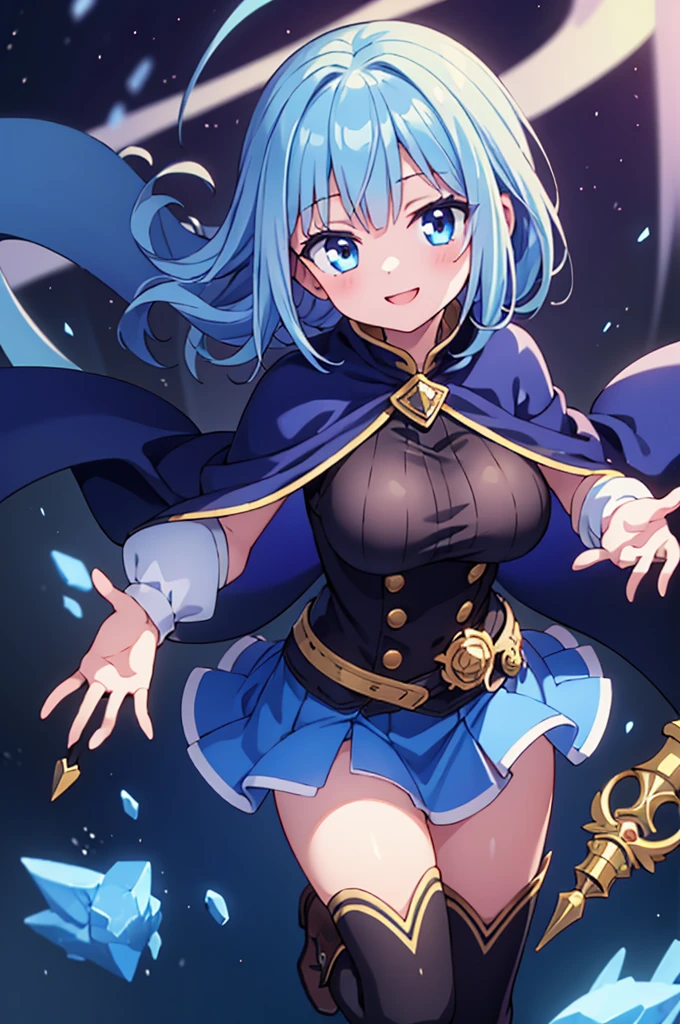 Fantasy,((Masterpiece)),((high resolution)),((Best Quality)),Anime illustration,((1girl)),(wavy hair),(short hair),(pale blue hair color),small ponytail,headband,Indigo eyes,(Big round eyes),((tareme)),((child)),12 years old,((baby face)),((very big breasts)),Short stature,Young,(loli),,ice wizard,sleeveless white blouse,Blue mini skirt,slit,Brown corset,brown capelet,smile,,Brown long boots,wizard's wand with blue gem,