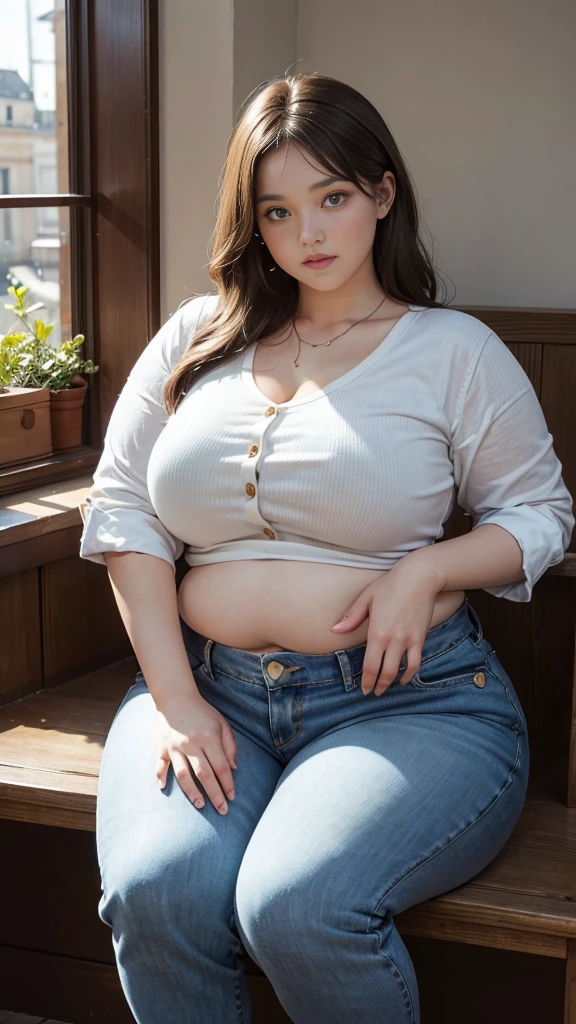 Femme très grosse, assise dans des coussins, Makima, bbwchan, cheveux rouges et yeux jaunes, double menton. Son gros bide sort de son pantalon, elle le carresse avec ses mains, elle tire sur son ventre. Button pop. Ventre en boule sous le jean. Elle porte un short en jean trop petit et un haut en dentelle, belle lumière sur elle, magnifique femme obese
