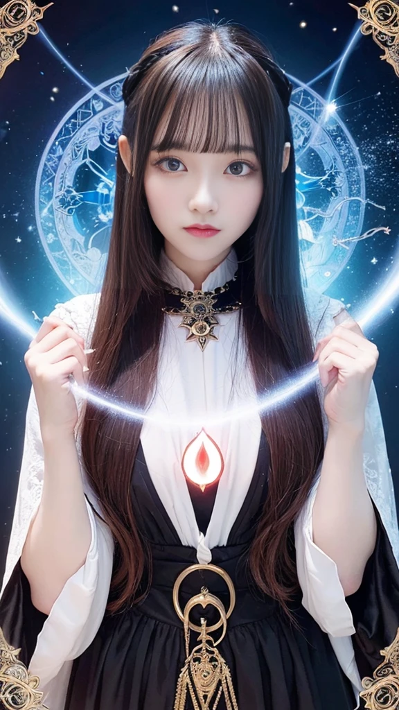 Mysterious woman doing tarot reading,Tarot Reading,cute face,Blunt bangs, Straight hair, Shiny hair,Medieval mystery clothes,Mysterious fortune teller,Mysterious hermit,White Magician,magical lights,albino,Red Eyes,Red glowing eyes,Magical powers,
