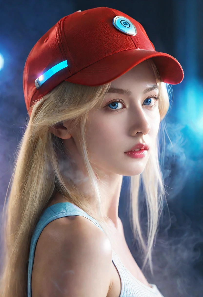 perfect, blue-eyed blonde girl, her hair looks almost real in her fluid illustration style. The girl's human anatomy is depicted with delicate precision, showing her elegant posture and graceful features. She has a full red cap on her head, with a lot of shine and cinematic lighting on the front of the cap (front), intricate details of the girl's hair and facial features, digital art, winner of the Artstation contest, imagine fx, in a futuristic city with colorful smoke and fog, high quality, side view, (full uncropped image)