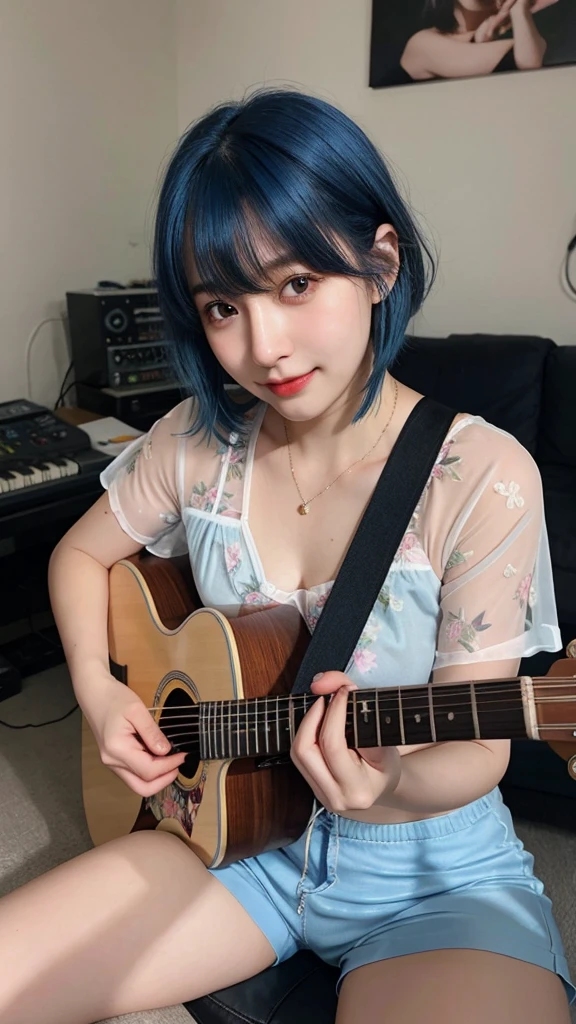 ((best quality)), photorealistic, photorealism, Photorealistic, high resolution, ((Wearing sheer floral shirt, short pants))、smile、A superb beauty、Super cute、ennui、Rare beauty、Very Short hair、Black Dark Eyeshadow、Sad、white skin、pale skin, Very short hair layered、Cute Makeup、Cute Smile、Fragrant beauty、Music studio background、Mastepiece、Best Quality、Refers to 5 books、Sweat glistening on my chest、Sweat glistening on my face、Medium breasts、Blue hair、Age 20 years old、Mysterious look、A sad expression、Blue Hair、Glamorous music studio、Sweating profusely all over the body、Plenty of sweat glistening on the thighs、A large amount of sweat glistens on my thighs、Sweating profusely、Gal、Medium breasts、Beautiful face、Alluring expression、Sitting、Sitting playing guitar、Thick thighs、Playing guitar、I have a guitar、Sing a song enthusiastically、Playing guitar in a band、Rock band、Playing guitar chords、Live House Background、Sing a song、Open your mouth、Live house scenery、Glamorous live stage、Dynamic Angle