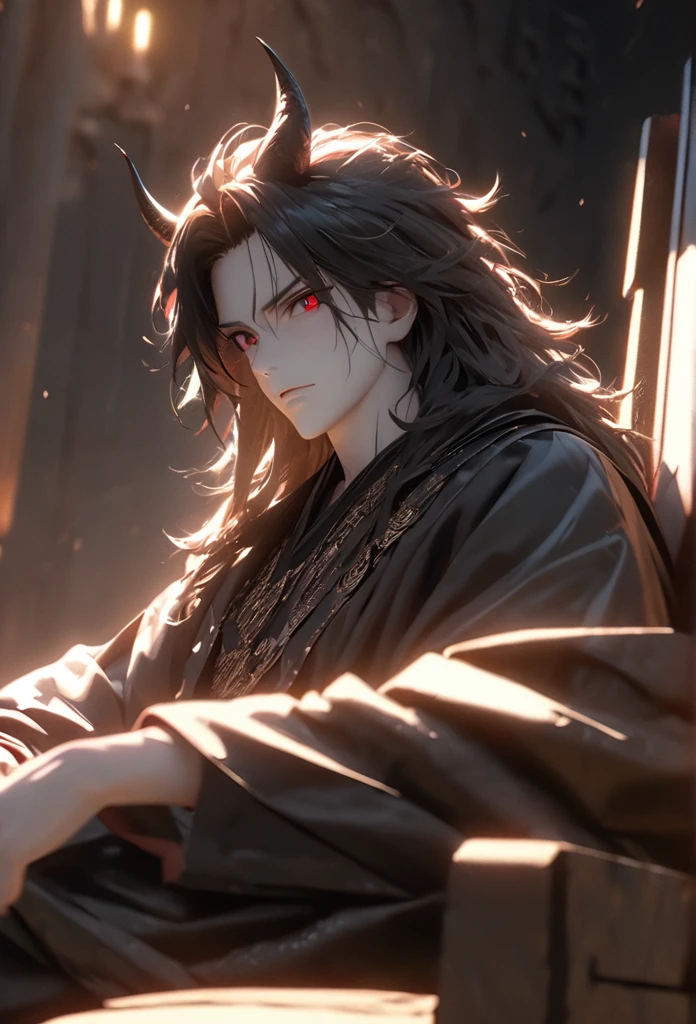 (solo), masculine, black hair, messy hair, mane hair, long hair, dense hair, wild hair, expressive hair, mature,(25 year old), pale skin, red eyes, ((man)), wearing a black robe, black demon horns,, serious, handsome, attractive, eye reflection, depth of field, thunder aura,cinematic lighting, ray tracing, depth of field, cinematic lighting, ray tracing, UHD, high details, best quality, highres, high quality, award winning, super detail, masterpiece, 8k, UHD, high details, best quality, highres, high quality, award winning, super detail, masterpiece, 8k, digital art, anime coloring, full body, body shot, good face, perfect face, detailed face, good eyes, sitting on a throne