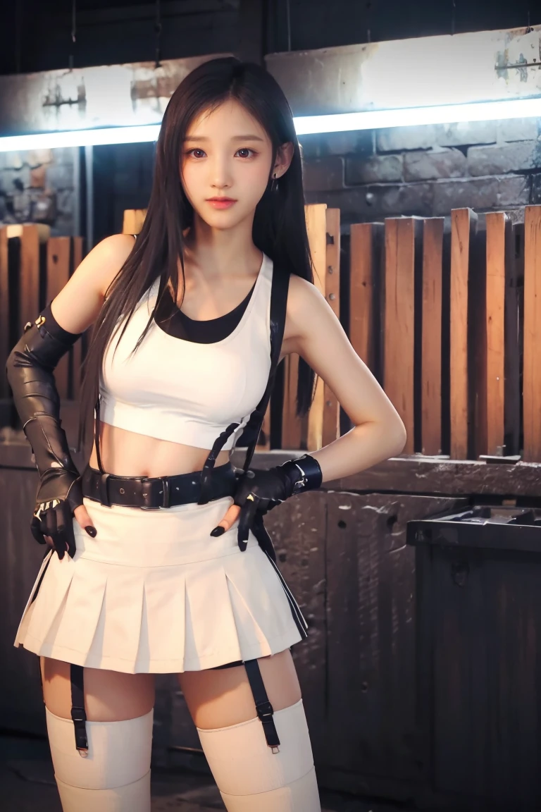 (8K、RAW Photos、Highest quality、masterpiece:1.2)、(Realistic、Realistic)、1 Girl、((White tank top、Arm Covers、gloves、Knee socks、garter belt、boots、Black mini skirt、belly button、underground warehouse、Stand with hands on hips))、