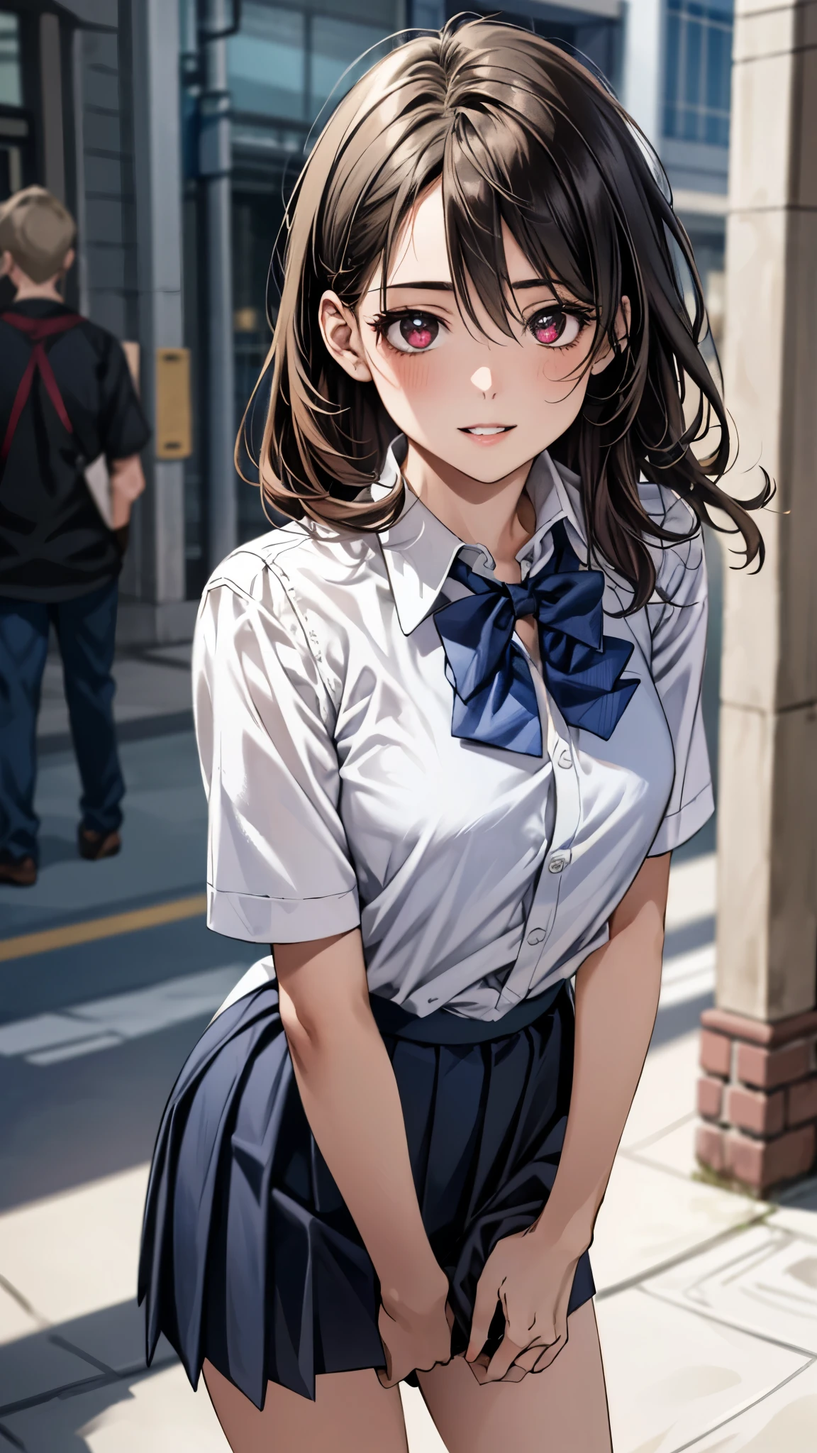 (masterpiece:1.3, top-quality, ultra high res, ultra detailed), (realistic, photorealistic:1.4), beautiful illustration, perfect lighting, natural lighting, colorful, depth of fields, surrealism,
beautiful detailed hair, beautiful detailed face, beautiful detailed eyes, beautiful clavicle, beautiful body, beautiful chest, beautiful thigh, beautiful legs, beautiful fingers, shiny skin,
looking at viewer, 1 girl, japanese, high school girl, (perfect anatomy, anatomically correct, super detailed skin), cute and symmetrical face, babyface, perfect face, perfect eyes,
(middle hair, (two side up), sideburns, light brown hair), hair between eyes, maroon eyes, big eyes, long eyelashes, (medium breasts, seductive thighs), slender, outstanding style,
((detailed cloth texture, break,break, white collared shirt, break,break, light brown knit vest, break,break, navy pleated skirt, break,break, blue bow tie), break,break, white socks, black loafer),
(beautiful scenery), evening, (downtown), standing, leaning forward, (arms behind back), (lovely smile, parted lips),
