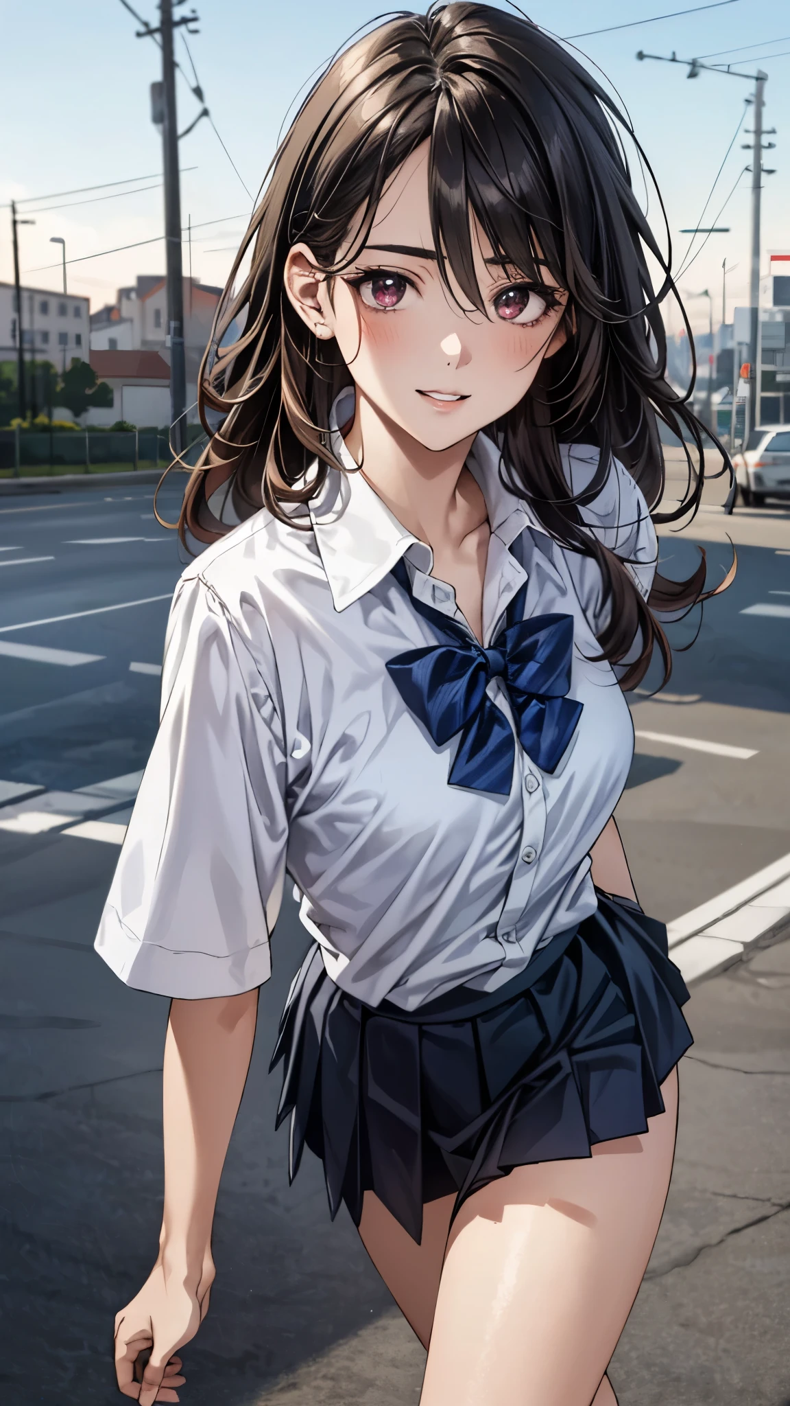 (masterpiece:1.3, top-quality, ultra high res, ultra detailed), (realistic, photorealistic:1.4), beautiful illustration, perfect lighting, natural lighting, colorful, depth of fields, surrealism, 
beautiful detailed hair, beautiful detailed face, beautiful detailed eyes, beautiful clavicle, beautiful body, beautiful chest, beautiful thigh, beautiful legs, beautiful fingers, shiny skin, 
looking at viewer, 1 girl, japanese, high school girl, (perfect anatomy, anatomically correct, super detailed skin), cute and symmetrical face, babyface, perfect face, perfect eyes, 
(middle hair, one side up, sideburns, light brown hair), hair between eyes, maroon eyes, big eyes, long eyelashes, (medium breasts, seductive thighs), slender, outstanding style, 
((detailed cloth texture, break,break, white collared shirt, break,break, light brown knit vest, break,break, navy pleated skirt, break,break, blue bow tie), break,break, white socks, black loafer), 
(beautiful scenery), evening, (downtown), standing, leaning forward, (arms behind back), (lovely smile, parted lips),