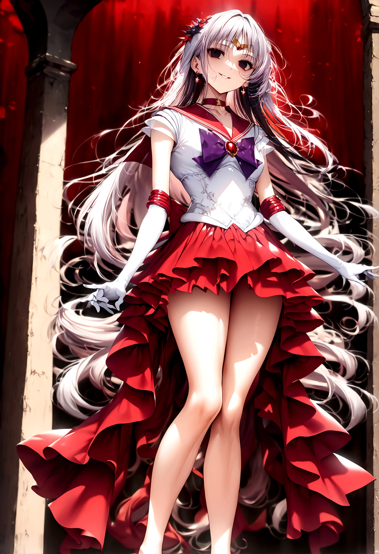 (masterpiece, Highest quality, so beautiful, Super detailed), Intricate details, 12k, Honestly, red eyes, Raamars, long hair, black hair, tiara, earrings, red choker, red sailor collar, purple bowtie, white shirt, elbow gloves, white gloves, pleated skirt, red skirt, bare legsAre standing, (full body:1.4),,(evil smile:1.2), 1girl,(Silver Hair:1.4),(empty eyes,:1.4),from below,looking dawn,dark aura,View your viewers