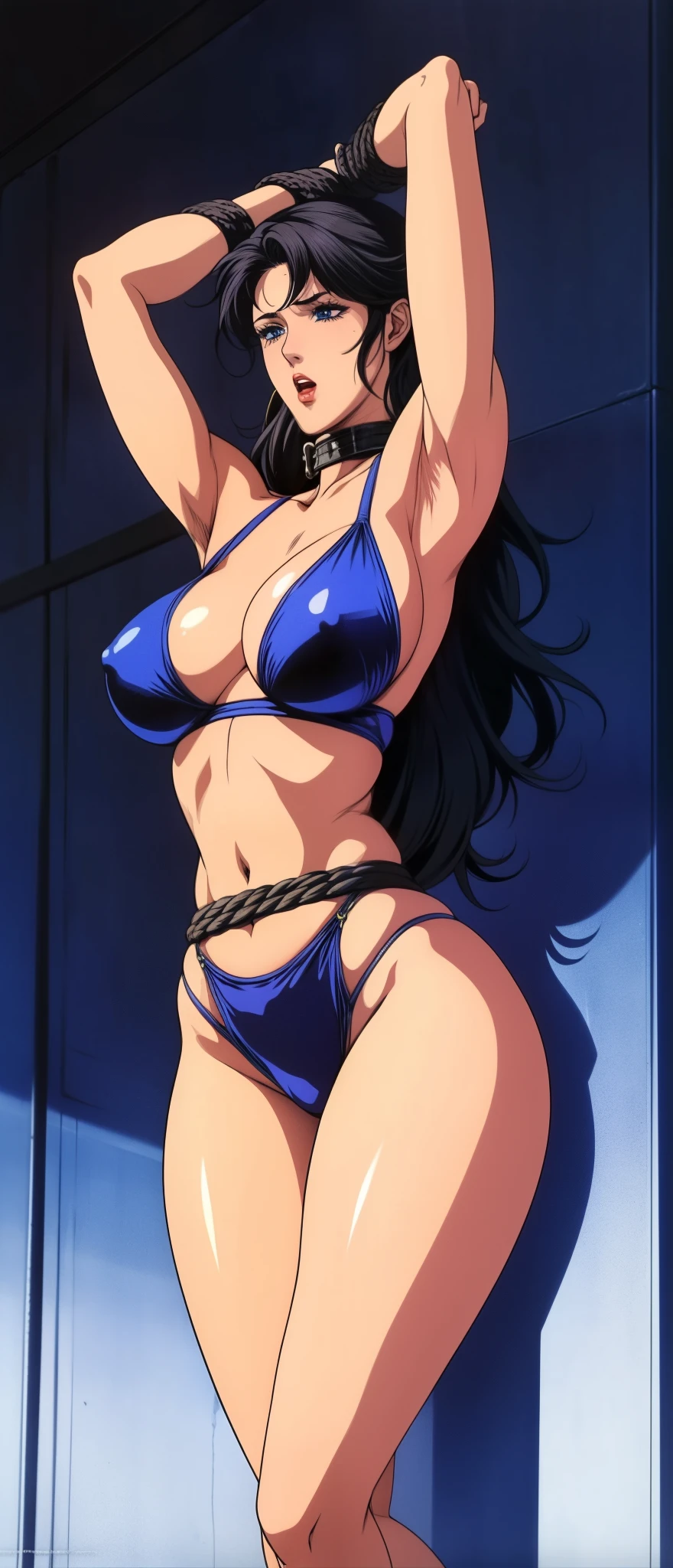 girl,alone,Gray background,Artistic lighting,Beautiful Asian Goddess,Long black hair,Long Hair,Wavy Hair,eyelash, blue eyes, lipstick, Black Micro Bikini,Wearing a micro bikini,(Shiny costumes)(Rope Bondage:1.4),((Arms tied above the head)),((Show your armpits)),Tied up woman,Sensual,(Hair blowing in the wind),Graceful features,No sleeve,Mature Woman, Mature Woman,Detailed fingers, Perfect hands, Length 180cm,Small face,sweating,Soft thighs,Sexy legs,Sexy ass, Cleavage,Open the chest,Smooth thighs and legs,((Amazing orgasm)),大きなSexy ass, Perfect Body Proportions, Slim waist,Nipples visible,The areola is protruding,Tight waist,(Long legs:1.4),F cup bust,Thighs open,Huge :1.3,perspective:1.2,Looking at the audience,Character-centric,symmetry diagram,whole body:1.5,From below:1.3,Abdominal shot