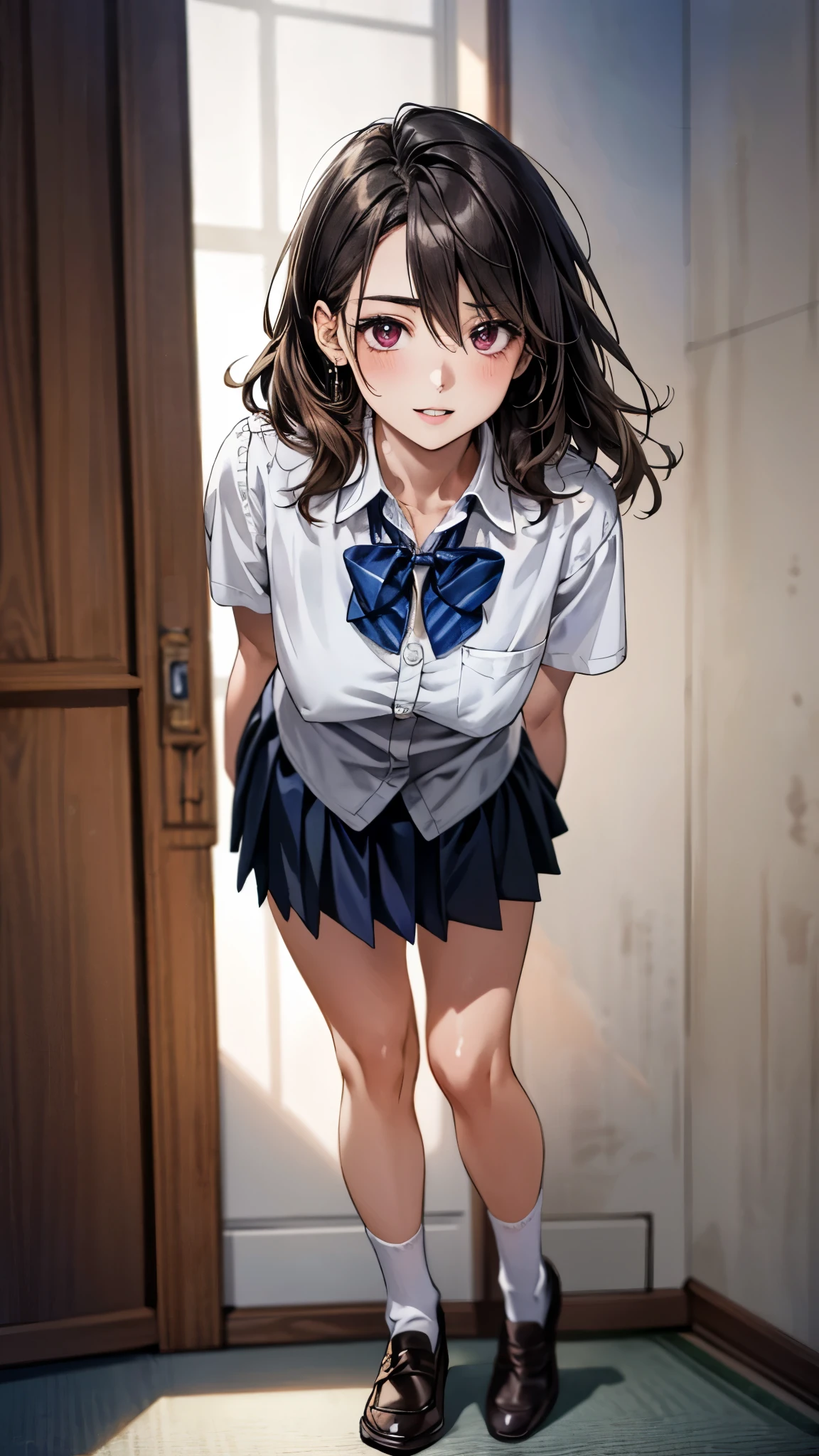 (masterpiece:1.3, top-quality, ultra high res, ultra detailed), (realistic, photorealistic:1.4), beautiful illustration, perfect lighting, natural lighting, colorful, depth of fields, surrealism,
beautiful detailed hair, beautiful detailed face, beautiful detailed eyes, beautiful clavicle, beautiful body, beautiful chest, beautiful thigh, beautiful legs, beautiful fingers, shiny skin,
looking at viewer, 1 girl, japanese, high school girl, (perfect anatomy, anatomically correct, super detailed skin), cute and symmetrical face, babyface, perfect face, perfect eyes,
(middle hair, (two side up), sideburns, light brown hair), hair between eyes, maroon eyes, big eyes, long eyelashes, (medium breasts, seductive thighs), slender, outstanding style,
((detailed cloth texture, break,break, white collared shirt, break,break, light brown knit vest, break,break, navy pleated skirt, break,break, blue bow tie), break,break, white socks, black loafer),
(beautiful scenery), evening, (downtown), standing, leaning forward, (arms behind back), (lovely smile, parted lips),