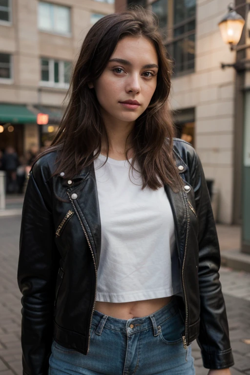 ((best quality)), ((masterpiece)), (detailed), 1girl, photography of a 20yo woman, perfect face, masterpiece, leather jacket, black color jean
